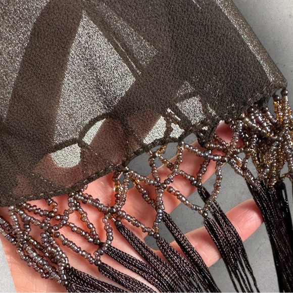 Brown Beaded Fringe Sheer Rectangular Scarf Bohemian Tassel 20" x 36" Wrap Skirt - Picture 12 of 15